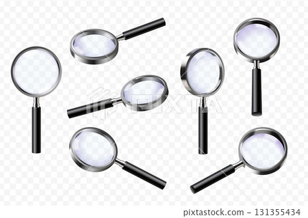 Realistic magnifying glass. 3d magnifier angles view, magnify lens for zoom focus effect vintage loupe detective spy equipment search paper document, set exact vector illustration 131355434