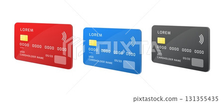Realistic credit cards. Debit bank card mockup template for atm, nfc chip contactless payment digital money red blue black design world pay plastic set 3d vector illustration 131355435