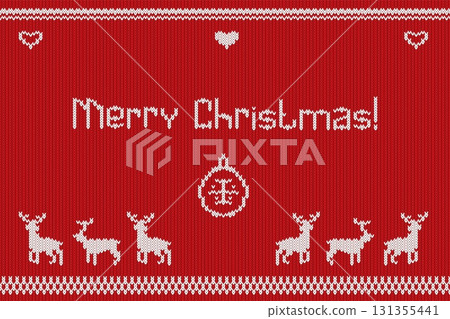 Christmas knitted banner. Realistic knit ugly sweater texture background, merry xmas text border winter holiday party funny pattern with deer jumper nordic red vector illustration Christmas knitted banner. Realistic knit ugly sweater texture background, merry xmas text border winter holiday party funny pattern with deer jumper nordic red vector illustration 131355441
