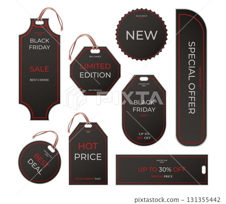 Black sale tags. Realistic paper tag, black friday special offer labels hanging badge with string, hot price discount promo premium badges luxury product text vector illustration Black sale tags. Realistic paper tag, black friday special offer labels hanging badge with string, hot price discount promo premium badges luxury product text vector illustration 131355442