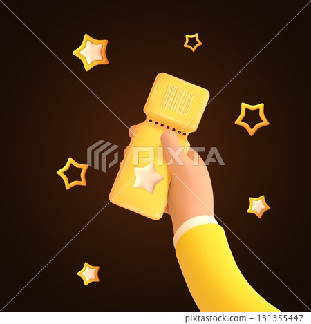 3d hand ticket. Arm hold cinema voucher, yellow coupon with stars game win bonus certificate lottery tickets pass flyer discount benefit prize barcode render vector illustration 3d hand ticket. Arm hold cinema voucher, yellow coupon with stars game win bonus certificate lottery tickets pass flyer discount benefit prize barcode render vector illustration 131355447