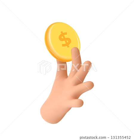 3d hand coin. Arm holding gold coins, giving money dollar finance budget fund save invest pay cash donation income cashback shopping business concept render vector illustration 131355452