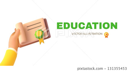 3d hand certificate. Arm hold diploma, school education university academic degree online course award student receive badge college completion document render vector illustration 3d hand certificate. Arm hold diploma, school education university academic degree online course award student receive badge college completion document render vector illustration 131355453
