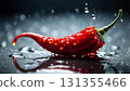 Vibrant red chili pepper rests on a slick, dark background, showcasing fresh cooking ingredient. Glossy texture and dramatic lighting evoke freshness, spice, and bold culinary appeal Vibrant red chili pepper rests on a slick, dark background, showcasing fresh cooking ingredient. Glossy texture and dramatic lighting evoke freshness, spice, and bold culinary appeal 131355466