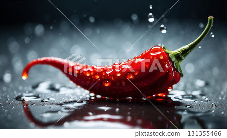 Vibrant red chili pepper rests on a slick, dark background, showcasing fresh cooking ingredient. Glossy texture and dramatic lighting evoke freshness, spice, and bold culinary appeal 131355466