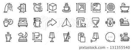 Tea mug, Alarm and Coffee machine line icons pack. Share, Message, Paper plane icons. Pillows, Entrance, Coffee break web icon. Bath, Wall lamp, Wine glass pictogram. Vector 131355540