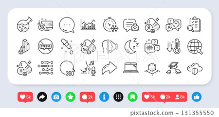 Chemistry lab, New message and Time management line icons pack. Social media: share, comment, like icons. Vitamin h1, Laptop, 3d chart web icon. Infochart, Augmented reality, Moon pictogram. Vector Chemistry lab, New message and Time management line icons pack. Social media: share, comment, like icons. Vitamin h1, Laptop, 3d chart web icon. Infochart, Augmented reality, Moon pictogram. Vector 131355550