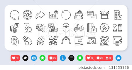 5g statistics, Chemistry lab and Computer mouse line icons pack. Social media: share, comment, like icons. Fan engine, Money tax, Green electricity web icon. Vector 131355556
