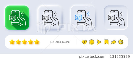 24 hour service line icon. Neumorphic, Flat shadow, 3d buttons. Call support sign. Feedback chat symbol. Line 24h service icon. Social media icons. Vector 131355559
