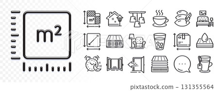 Entrance, Ice tea and Square meter line icons for web app. Glare of light effect. Message icon. Pack of Square area, Ceiling lamp, Cappuccino pictogram icons. Alarm, Tea, Open door signs. Vector 131355564