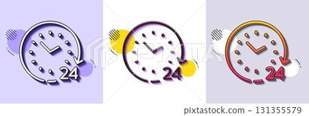 24 hours time line icon. Halftone dotted pattern. Gradient icon with grain shadow. Clock sign. Watch symbol. Line 24 hours icon. Various designs. Vector 24 hours time line icon. Halftone dotted pattern. Gradient icon with grain shadow. Clock sign. Watch symbol. Line 24 hours icon. Various designs. Vector 131355579