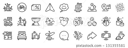 Fireworks explosion, Discounts chat and Sea mountains line icons pack. Share, Message, Paper plane icons. Snowman, Fireworks, Grill web icon. Discount banner, Journey, Coffee break pictogram. Vector Fireworks explosion, Discounts chat and Sea mountains line icons pack. Share, Message, Paper plane icons. Snowman, Fireworks, Grill web icon. Discount banner, Journey, Coffee break pictogram. Vector 131355581