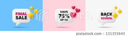 Discount chat speech bubble. 3d stars, sparkles, hearts chat bubbles. Save up to 75 percent. Discount Sale offer price sign. Special offer symbol. Final sale, Back to school tag. Vector 131355643