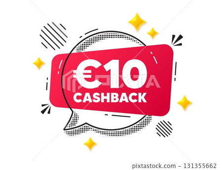 Cashback chat speech bubble. Social media concept. 10 Eur cashback. Money back offer sign. Cash back promo symbol. Red chat message. Offer speech bubble. Glare 3d stars. Vector Cashback chat speech bubble. Social media concept. 10 Eur cashback. Money back offer sign. Cash back promo symbol. Red chat message. Offer speech bubble. Glare 3d stars. Vector 131355662