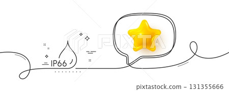 Waterproof line icon. Continuous line with 3d star. Water resistant ip66 sign. Drop protection symbol. 3d star in speech bubble. Waterproof single line ribbon. Loop curve pattern. Vector Waterproof line icon. Continuous line with 3d star. Water resistant ip66 sign. Drop protection symbol. 3d star in speech bubble. Waterproof single line ribbon. Loop curve pattern. Vector 131355666