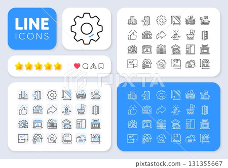 Food delivery, Delivery man and Shield line icons for web app. Message, Share, Like social media icons. Pack of Buildings, Hotel, Mortgage pictogram icons. Vector 131355667