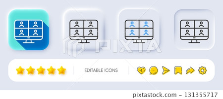 Virtual conference line icon. Neumorphic, Flat shadow, 3d buttons. Online training sign. Video team presentation symbol. Line video conference icon. Social media icons. Vector 131355717