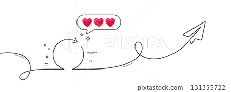 Refresh line icon. Continuous line with share plane. Rotation arrow sign. Reset or Reload symbol. Hearts rate review in speech bubble. Synchronize single line ribbon. Loop curve pattern. Vector 131355722