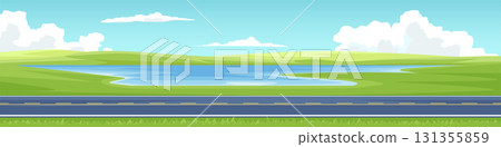 Horizontal or Landscape of smooth asphalt road. Vast grassland on a hill with a reservoir in the valley. Soft colors of the mountains. Under the blue sky and white clouds. For banner background. 131355859
