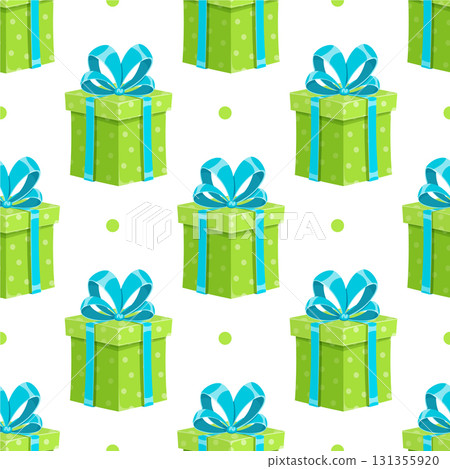 Cartoon birthday gift box seamless pattern. Present with ribbon and bow for festive holiday and celebration background. Colorful decoration for cheerful events. 131355920