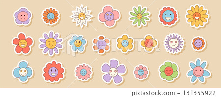 Groovy retro sticker set with colorful daisy and cartoon sunflower flower shapes. Smiley floral and chamomile groovy element, playful y2k style for fun decorative ideas. 131355922