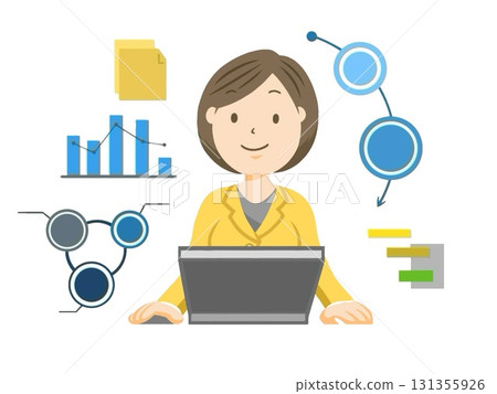 一位女士在電腦上工作的插圖素材 131355926