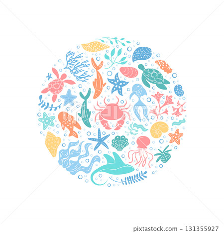 Round underwater concept with marine life. Circle design featuring fish, aquatic creatures, and ocean elements. Swirl cartoon graphic style creates a vivid background for aquatic themes and summer 131355927