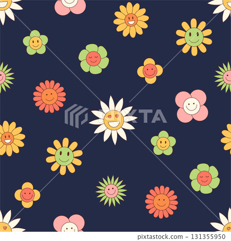 Groovy retro seamless flower pattern with daisy, sunflower and chamomile. Colorful floral background in a y2k style, cheerful smiley flowers. Vintage pattern for textile, wallpaper or print. Groovy retro seamless flower pattern with daisy, sunflower and chamomile. Colorful floral background in a y2k style, cheerful smiley flowers. Vintage pattern for textile, wallpaper or print. 131355950