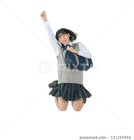 Jumping female student in uniform - Full-body photo PNG with transparent background, precisely cut out by hand Jumping female student in uniform - Full-body photo PNG with transparent background, precisely cut out by hand 131355958