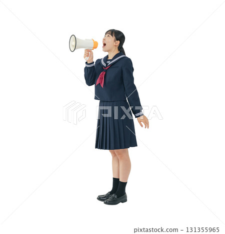 Female student in a sailor uniform shouting into a loudspeaker. Full-body photo PNG with transparent background, precisely cut out by hand. Female student in a sailor uniform shouting into a loudspeaker. Full-body photo PNG with transparent background, precisely cut out by hand. 131355965