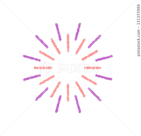 Crayon firework burst element with a round pattern. Starburst ornament and circle spark create celebration and sparkle accent. Pink purple concept for decoration, seamless background, wallpaper or 131355989