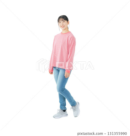 Teenage girl in casual wear. Full-body photo PNG with transparent background, precisely cut out by hand. Teenage girl in casual wear. Full-body photo PNG with transparent background, precisely cut out by hand. 131355990