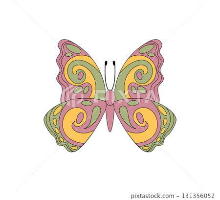 Groovy retro butterfly sticker in colorful 70s swirl pattern. Funky graphic as y2k groovy element, playful and fun, vintage look, bright visual for trendy and cool artistic decor. 131356052