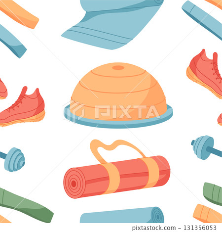 Seamless colorful pattern of gym and workout equipment. Items like yoga mats, dumbbells, and sneakers highlight a fitness exercise theme. Flat visual style, perfect for textile, wallpaper, decor 131356053