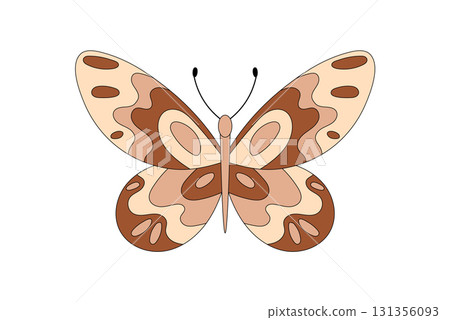 Groovy retro butterfly in abstract style, funky nature motif and vintage flat symbol in soft beige tones. Groovy element brings y2k vibe as creative graphic for stylish, modern usage. 131356093