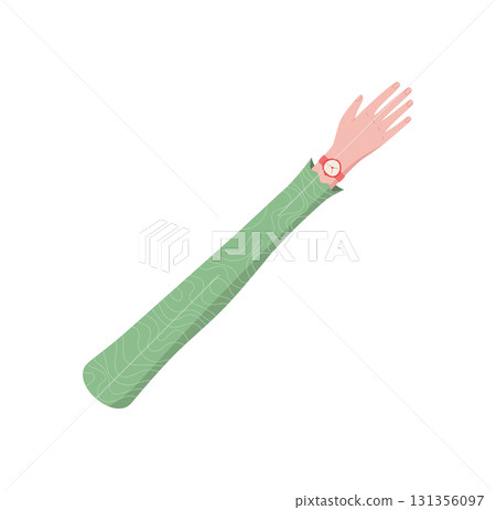 Open flat hand in colorful cartoon graphic style. Upward positioned arm with a gesture and extended fingers. Symbol of human expression and creative representation in abstract art. Open flat hand in colorful cartoon graphic style. Upward positioned arm with a gesture and extended fingers. Symbol of human expression and creative representation in abstract art. 131356097