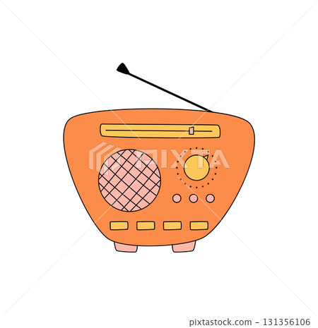 Retro groovy cartoon orange radio sticker with vintage y2k aesthetic. Groovy element for music and audio themes, playful electronic style in bold orange color, creative sticker for fun decor. 131356106