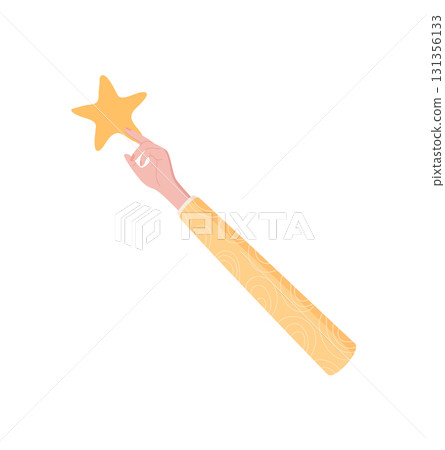 Hand holding a star symbol in cartoon graphic style. Arm with star for satisfaction and quality representation. Feedback and review concept for service rate customer opinion. 131356133