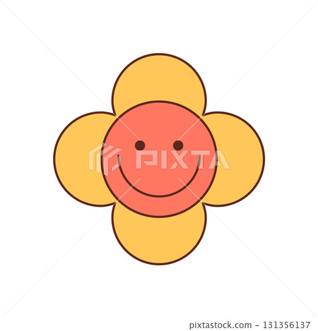 Groovy retro flower smiley in flat style forms a cute and happy icon. Positive yellow groovy element with y2k vibe creates a cheerful, artistic accent for playful, vintage, and trendy creative 131356137