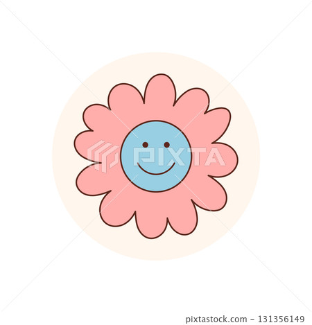 Groovy pink flower sticker seal label in retro y2k style with a circle shape and blue smile. Graphic badge for box or package lid, perfect for fun, happy modern branding and playful product use. Groovy pink flower sticker seal label in retro y2k style with a circle shape and blue smile. Graphic badge for box or package lid, perfect for fun, happy modern branding and playful product use. 131356149