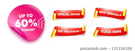 Discount tag sticker, offer ribbons. New arrivals, Click here. Up to 60 percent discount. Sale offer price sign. Special offer symbol. Save 60 percentages. Pink sticker tag. Vector 131356189