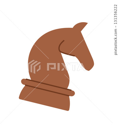 Flat wooden chess board piece. Knight pawn shaped like horse for strategy and play. Classic boardgame element on table for game enthusiasts, simple and graphic style, perfect leisure, recreation, 131356222