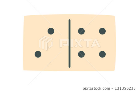 Flat domino tile with black dots. Game piece for childhood boardgame fun on a table. Classic graphic template design, play and leisure concept for family and recreation activities. 131356233