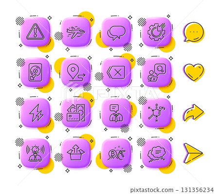 Inspect, Hdd and Talk bubble line icons. App 3d buttons. Social media comment, share, like icons. Pack of Airplane, Seo gear, Send box icon. Chemical formula, Remove, Warning pictogram. Vector 131356234