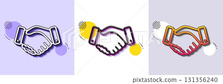 Employees handshake line icon. Halftone dotted pattern. Gradient icon with grain shadow. Hand gesture sign. Business deal palm symbol. Line employees handshake icon. Various designs. Vector 131356240