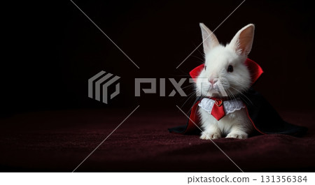 A small white rabbit wearing a black and red vampire cape with a frilly collar and tie sits against a dark burgundy backdrop, illuminated by soft studio lighting. 131356384