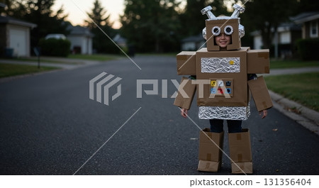 A cheerful young child dressed in a creative homemade cardboard robot costume stands on a quiet suburban street at dusk, smiling directly at the viewer. 131356404