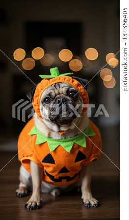 A charming pug dog sits patiently in a festive orange pumpkin costume with a green stem, gazing forward against a softly blurred background with warm bokeh lights. 131356405