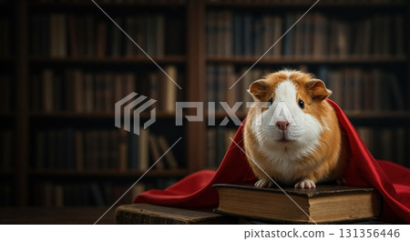 A cute fluffy guinea pig with vibrant orange, white, and brown fur sits atop a stack of antique books, draped in elegant red fabric, within a softly lit, classic library setting. 131356446
