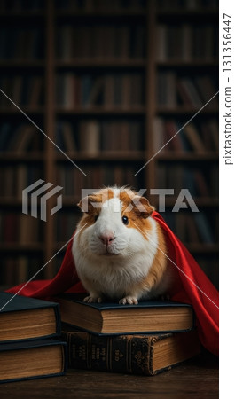 A cute fluffy guinea pig with brown and white fur sits atop a stack of old books, draped in a vibrant red cape, against a blurred library background. A cute fluffy guinea pig with brown and white fur sits atop a stack of old books, draped in a vibrant red cape, against a blurred library background. 131356447